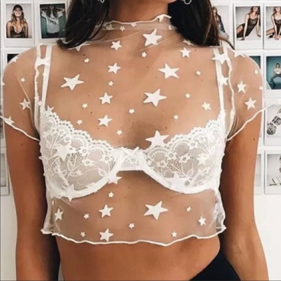 Tops - White star velvet fishnet glow rave sheer mesh crop top shirt festival sexy nwt